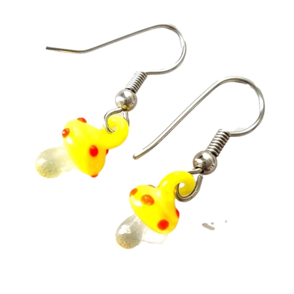 Vintage Dainty Yellow Mushroom Dangle Pierced Earrings Handcrafted
